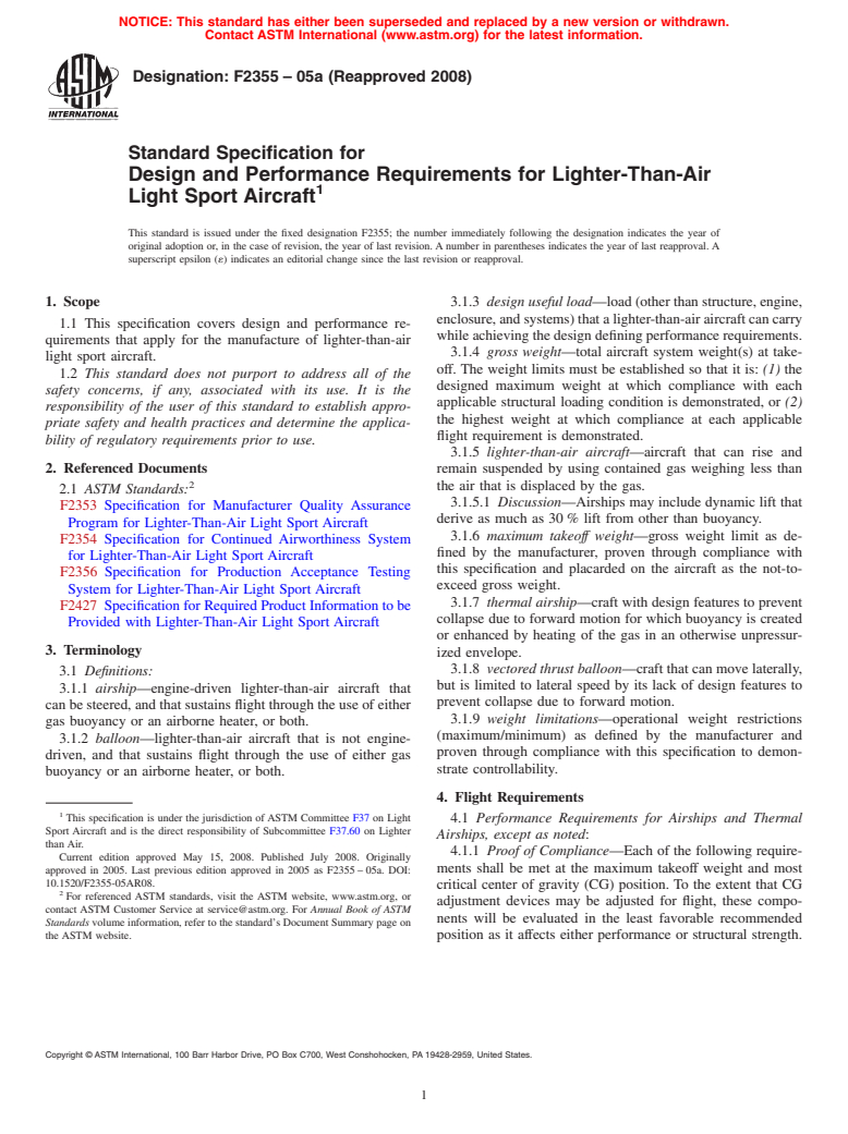 ASTM F2355-05a(2008) - Standard Specification for Design and Performance Requirements for Lighter-Than-Air Light Sport Aircraft