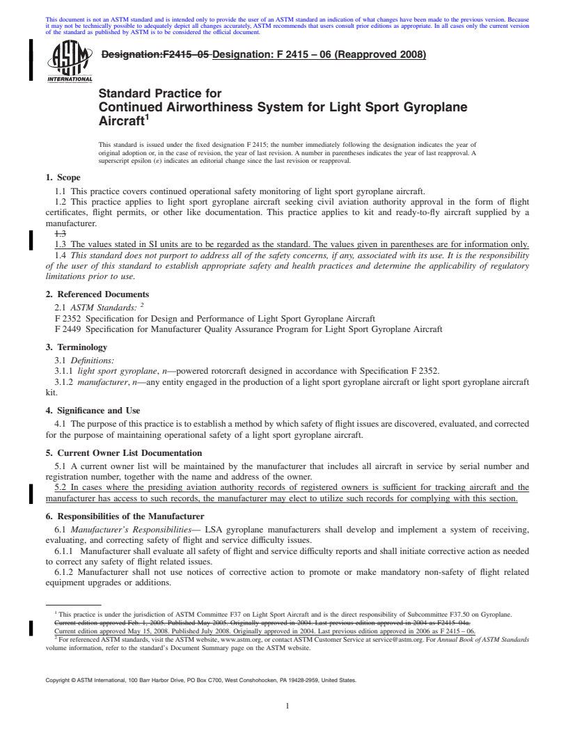 REDLINE ASTM F2415-06(2008) - Standard Practice for Continued Airworthiness System for Light Sport Gyroplane Aircraft