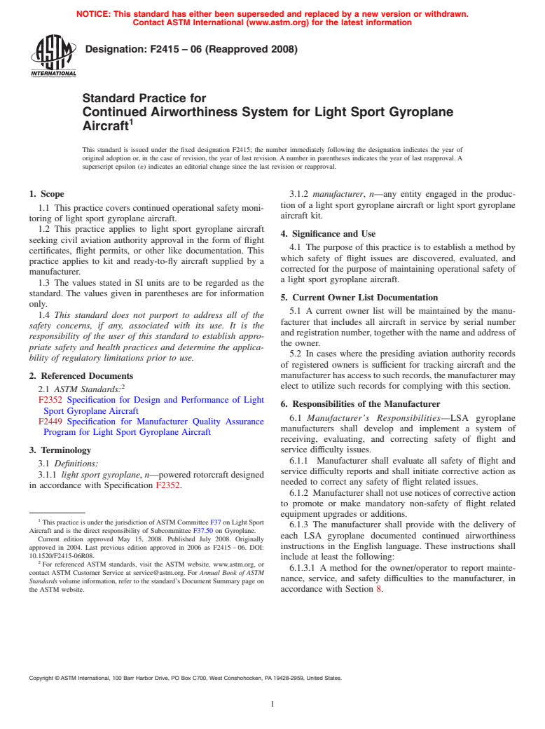 ASTM F2415-06(2008) - Standard Practice for Continued Airworthiness System for Light Sport Gyroplane Aircraft