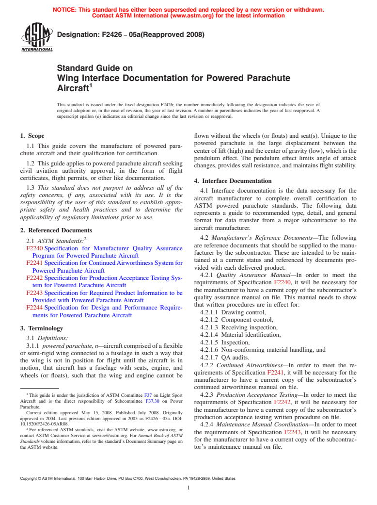 ASTM F2426-05a(2008) - Standard Guide on Wing Interface Documentation for Powered Parachute Aircraft