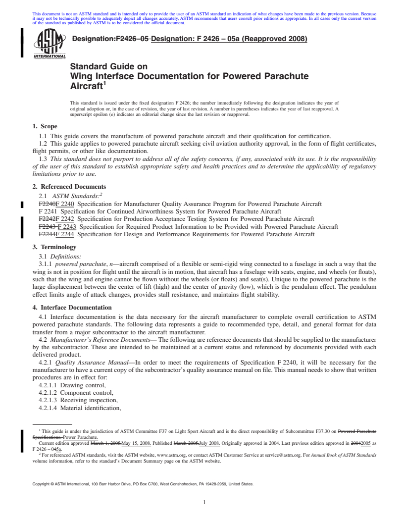 REDLINE ASTM F2426-05a(2008) - Standard Guide on Wing Interface Documentation for Powered Parachute Aircraft