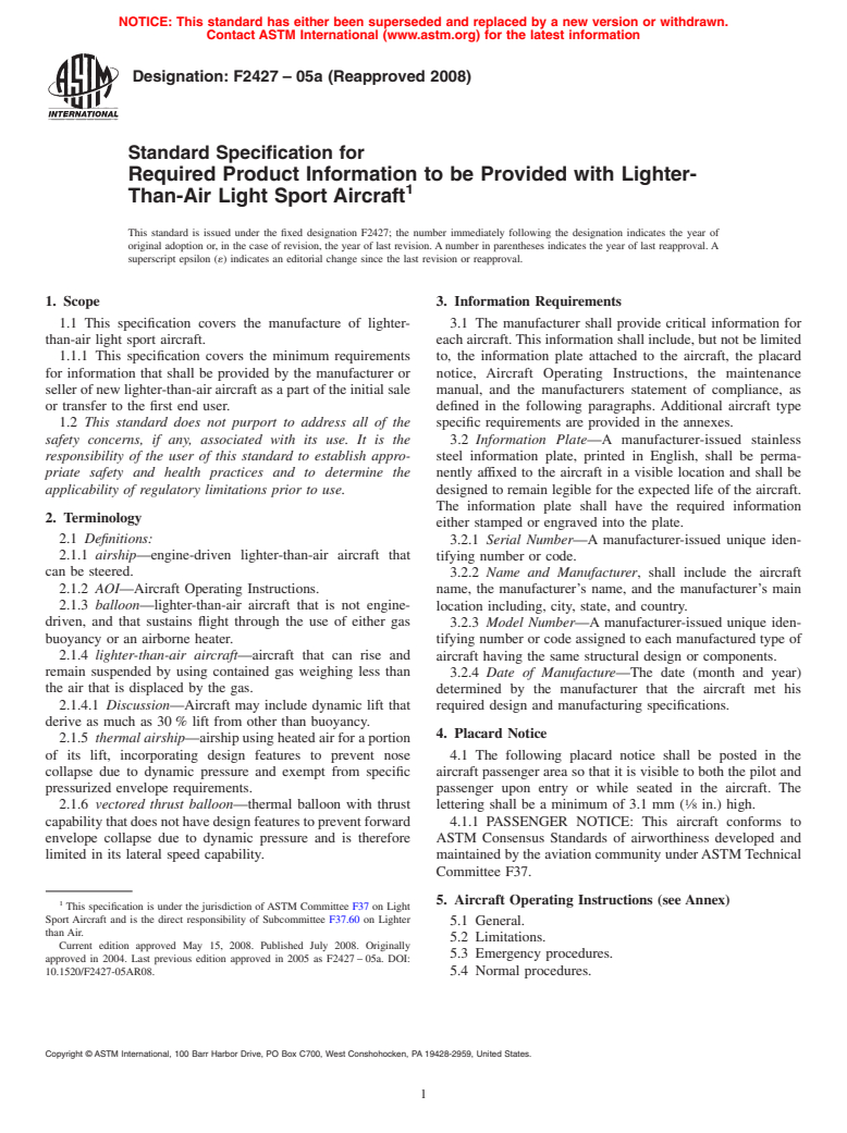 ASTM F2427-05a(2008) - Standard Specification for Required Product Information to be Provided with Lighter-Than-Air Light  Sport Aircraft