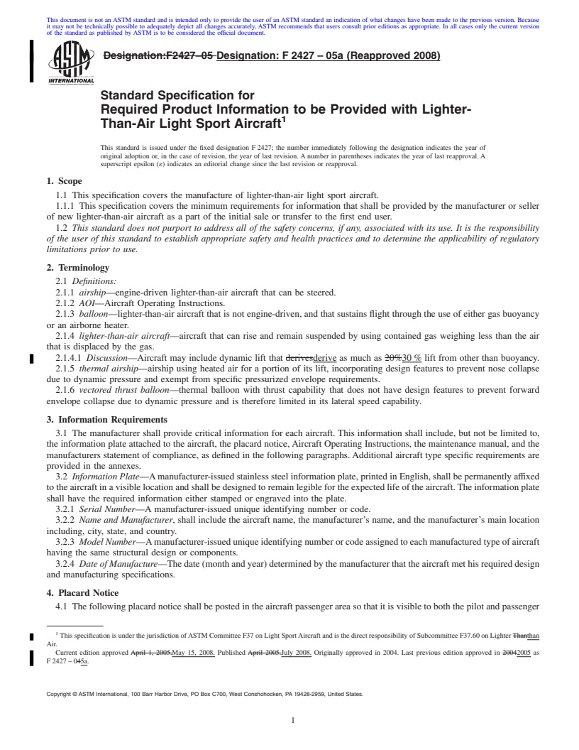 REDLINE ASTM F2427-05a(2008) - Standard Specification for Required Product Information to be Provided with Lighter-Than-Air Light  Sport Aircraft