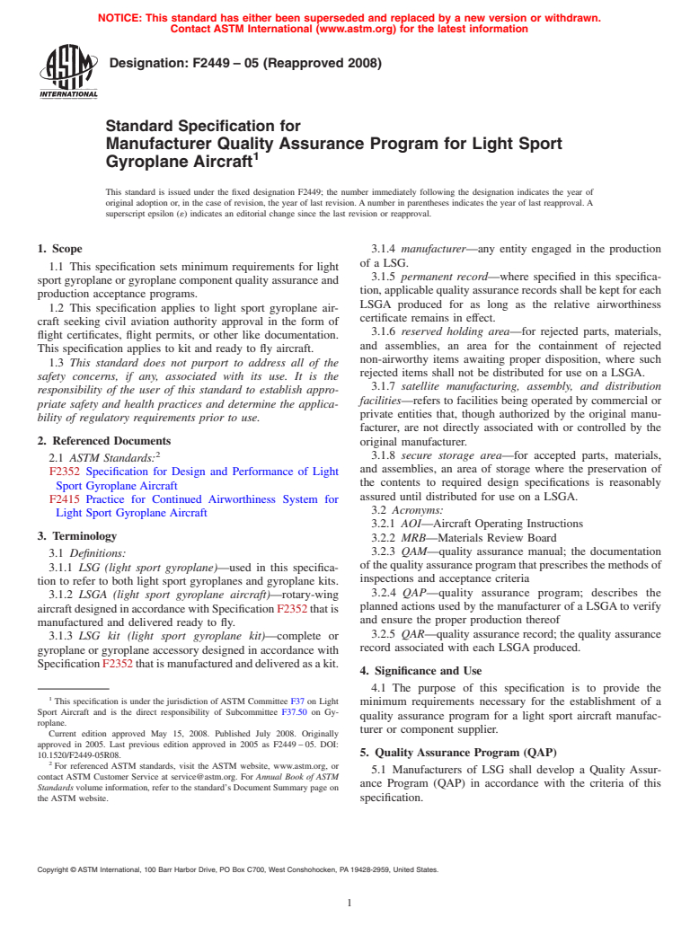 ASTM F2449-05(2008) - Standard Specification for Manufacturer Quality Assurance Program for Light Sport Gyroplane Aircraft