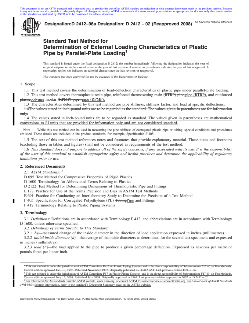 REDLINE ASTM D2412-02(2008) - Standard Test Method for  Determination of External Loading Characteristics of Plastic Pipe by Parallel-Plate Loading