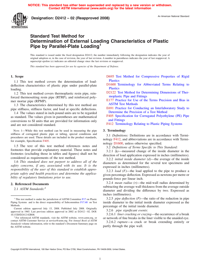 ASTM D2412-02(2008) - Standard Test Method for  Determination of External Loading Characteristics of Plastic Pipe by Parallel-Plate Loading