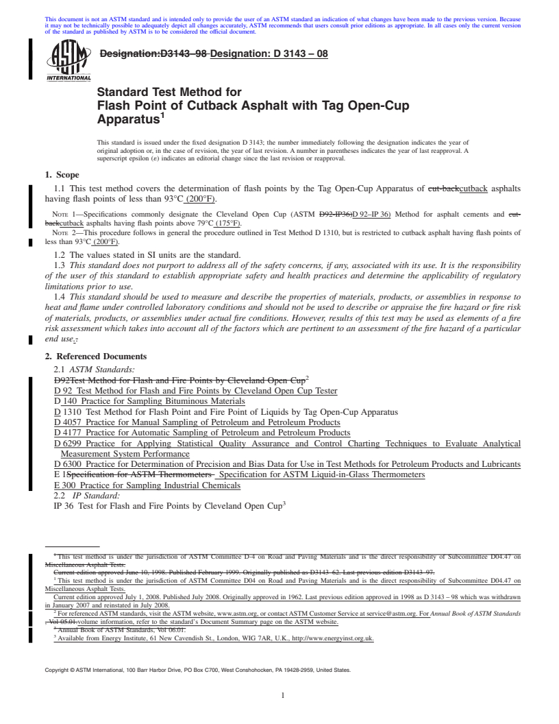 REDLINE ASTM D3143-08 - Standard Test Method for  Flash Point of Cutback Asphalt with Tag Open-Cup Apparatus