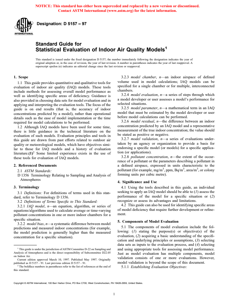 ASTM D5157-97 - Standard Guide for Statistical Evaluation of Indoor Air Quality Models