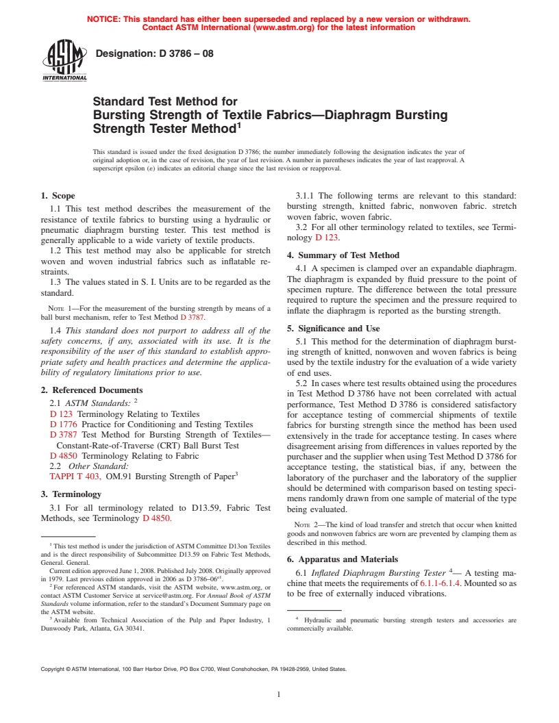 ASTM D3786-08 - Standard Test Method for   Bursting Strength of Textile Fabrics<span class='unicode'>&#x2014;</span>Diaphragm Bursting Strength Tester Method