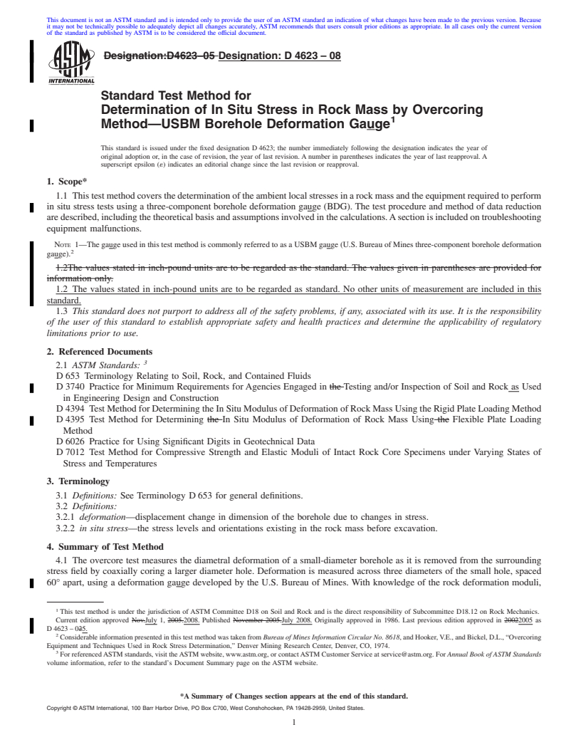 REDLINE ASTM D4623-08 - Standard Test Method for Determination of In Situ Stress in Rock Mass by Overcoring Method<span class='unicode'>&#x2014;</span>USBM Borehole Deformation Gauge