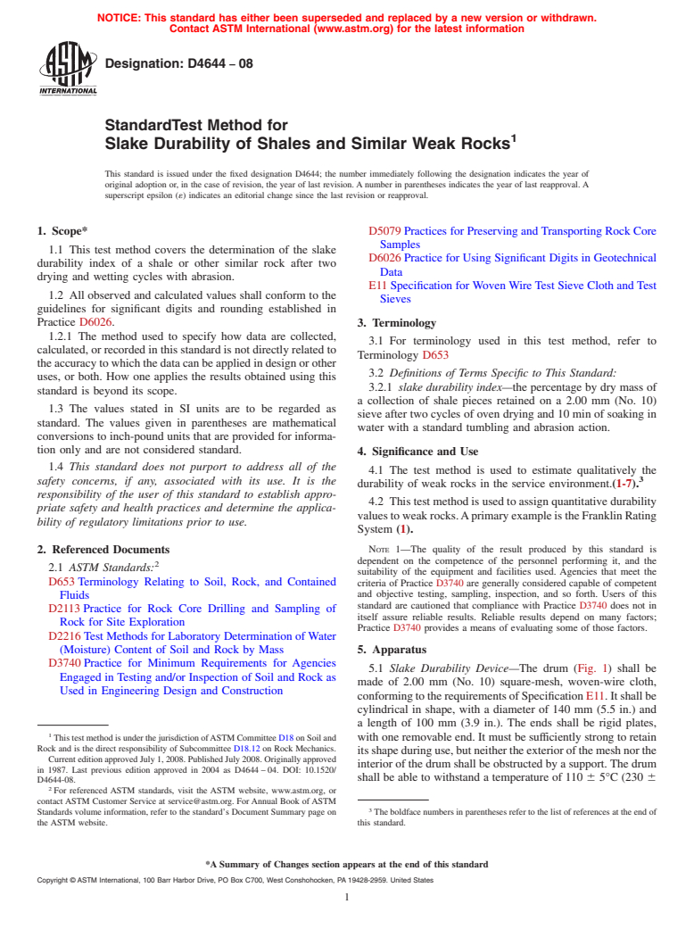 ASTM D4644-08 - Standard Test Method for  Slake Durability of Shales and Similar Weak Rocks