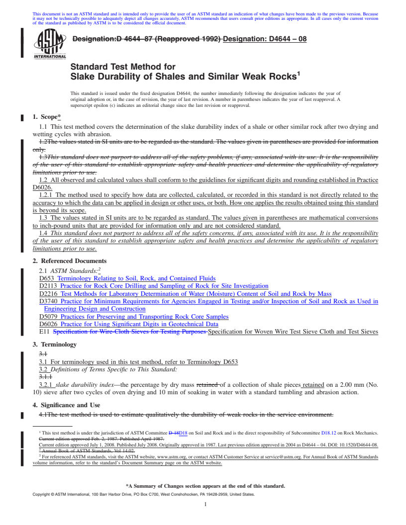 REDLINE ASTM D4644-08 - Standard Test Method for  Slake Durability of Shales and Similar Weak Rocks