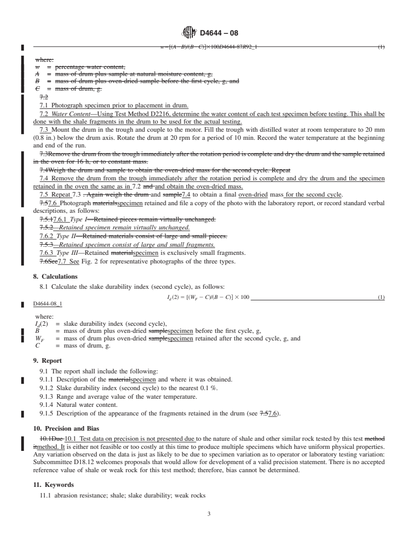 REDLINE ASTM D4644-08 - Standard Test Method for  Slake Durability of Shales and Similar Weak Rocks