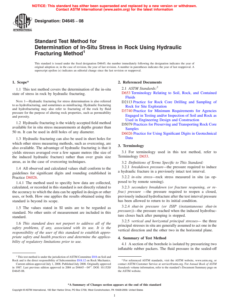 ASTM D4645-08 - Standard Test Method for  Determination of In-Situ Stress in Rock Using Hydraulic Fracturing Method (Withdrawn 2017)