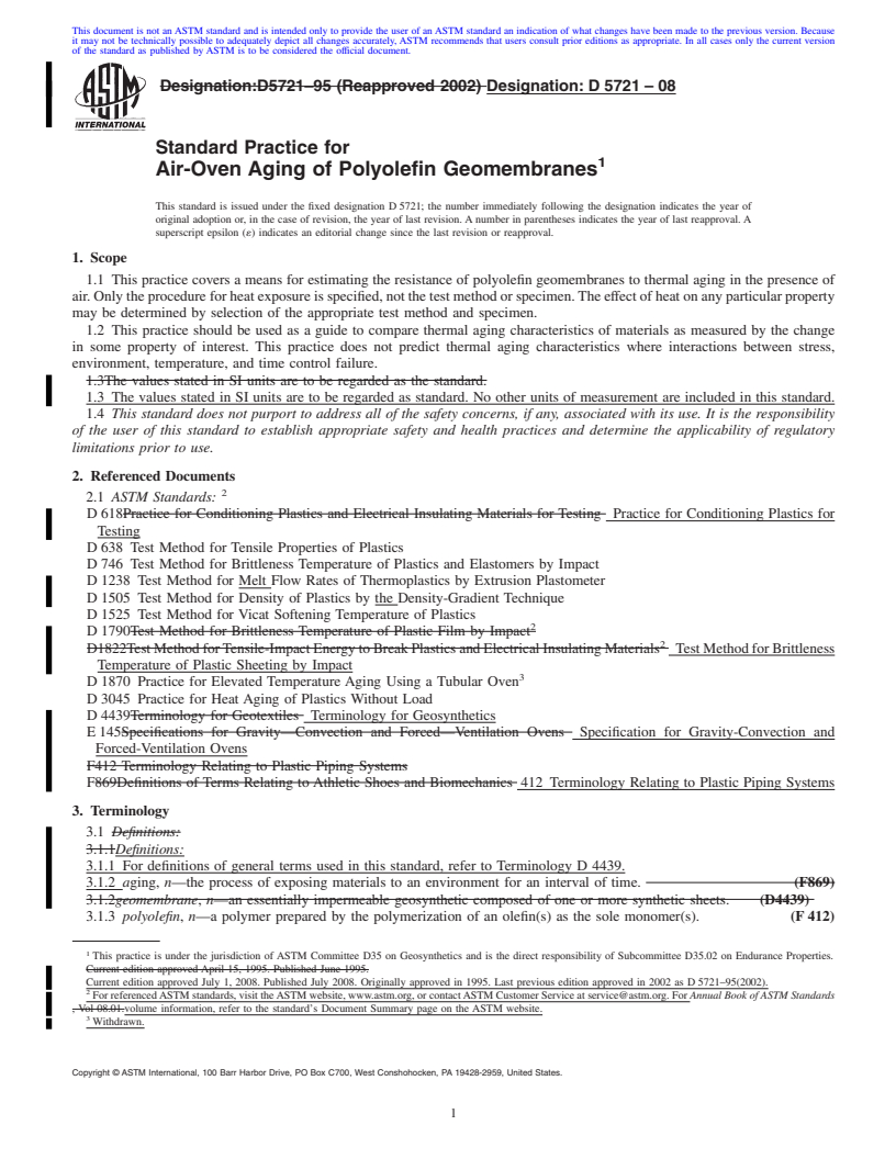 REDLINE ASTM D5721-08 - Standard Practice for  Air-Oven Aging of Polyolefin Geomembranes