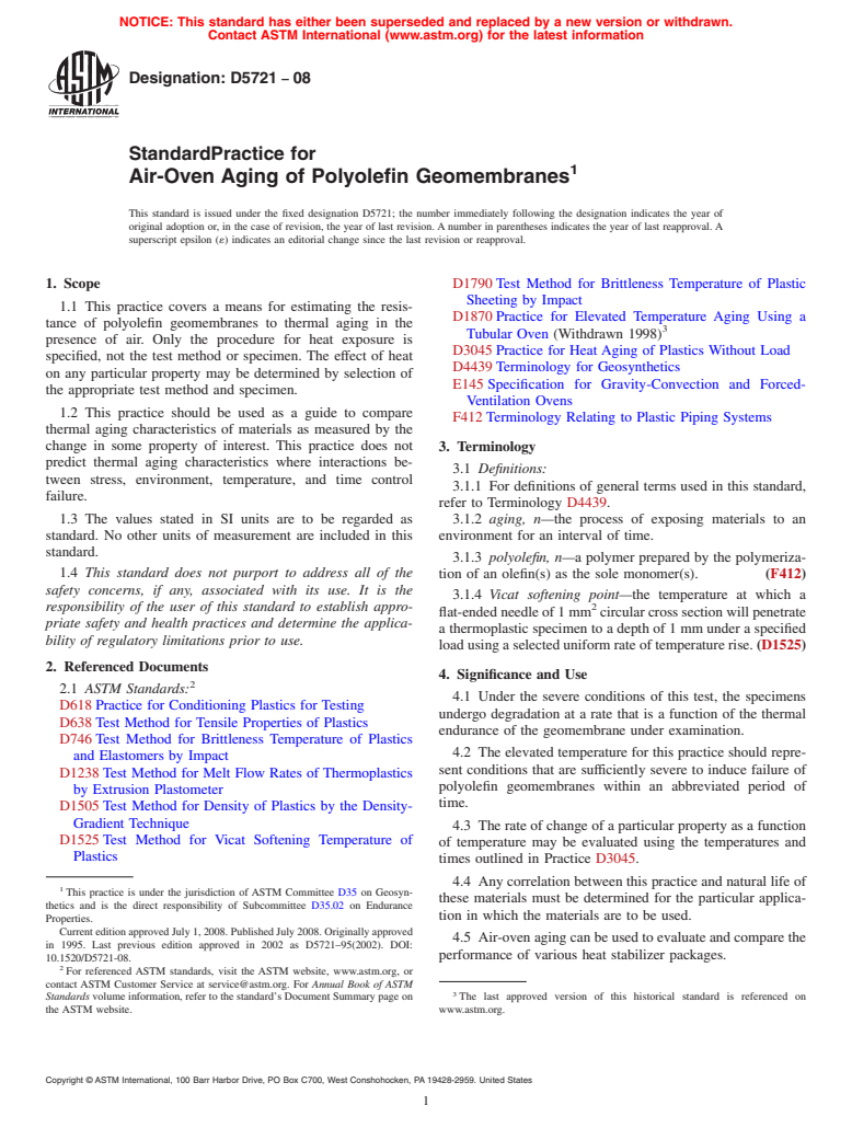 ASTM D5721-08 - Standard Practice for  Air-Oven Aging of Polyolefin Geomembranes