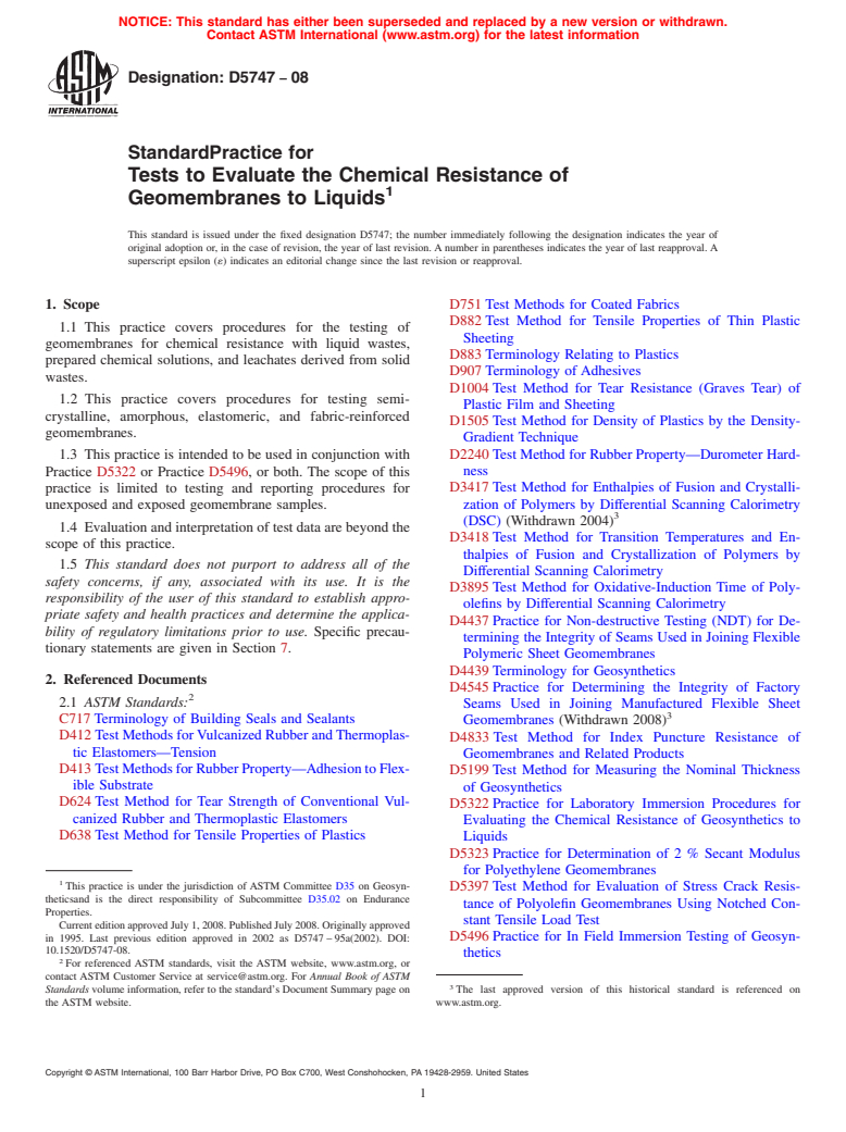 ASTM D5747-08 - Standard Practice for Tests to Evaluate the Chemical Resistance of Geomembranes to Liquids