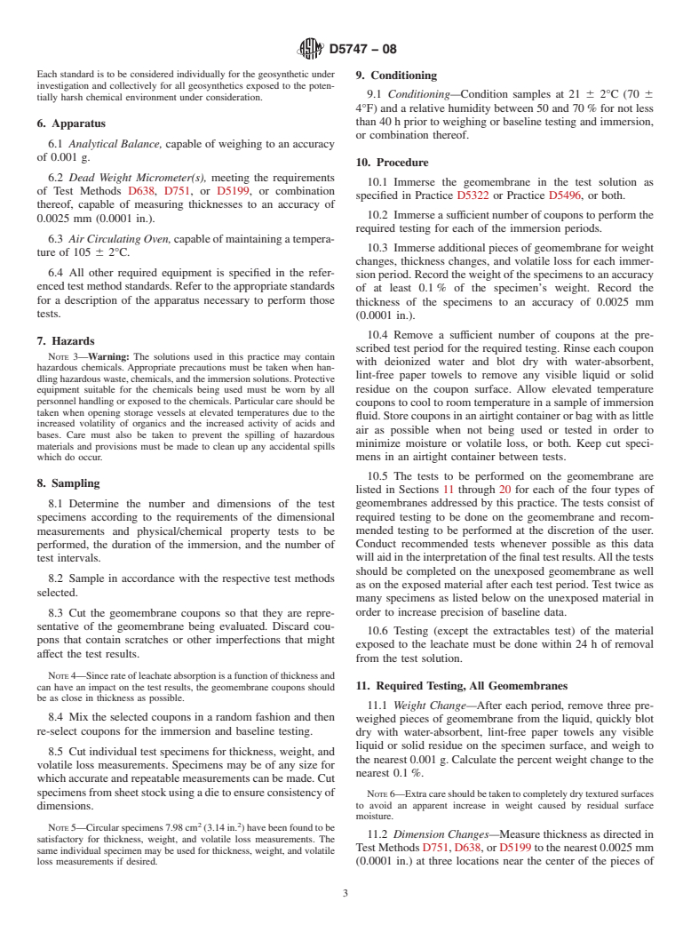 ASTM D5747-08 - Standard Practice for Tests to Evaluate the Chemical Resistance of Geomembranes to Liquids