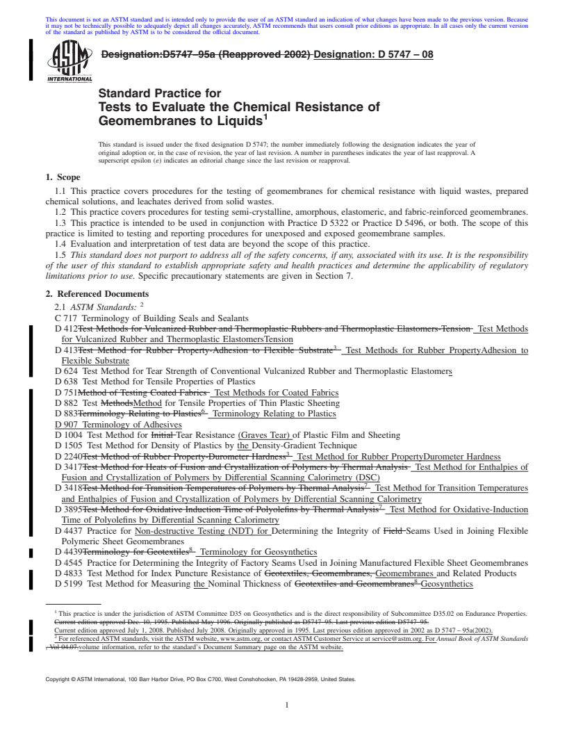 REDLINE ASTM D5747-08 - Standard Practice for Tests to Evaluate the Chemical Resistance of Geomembranes to Liquids