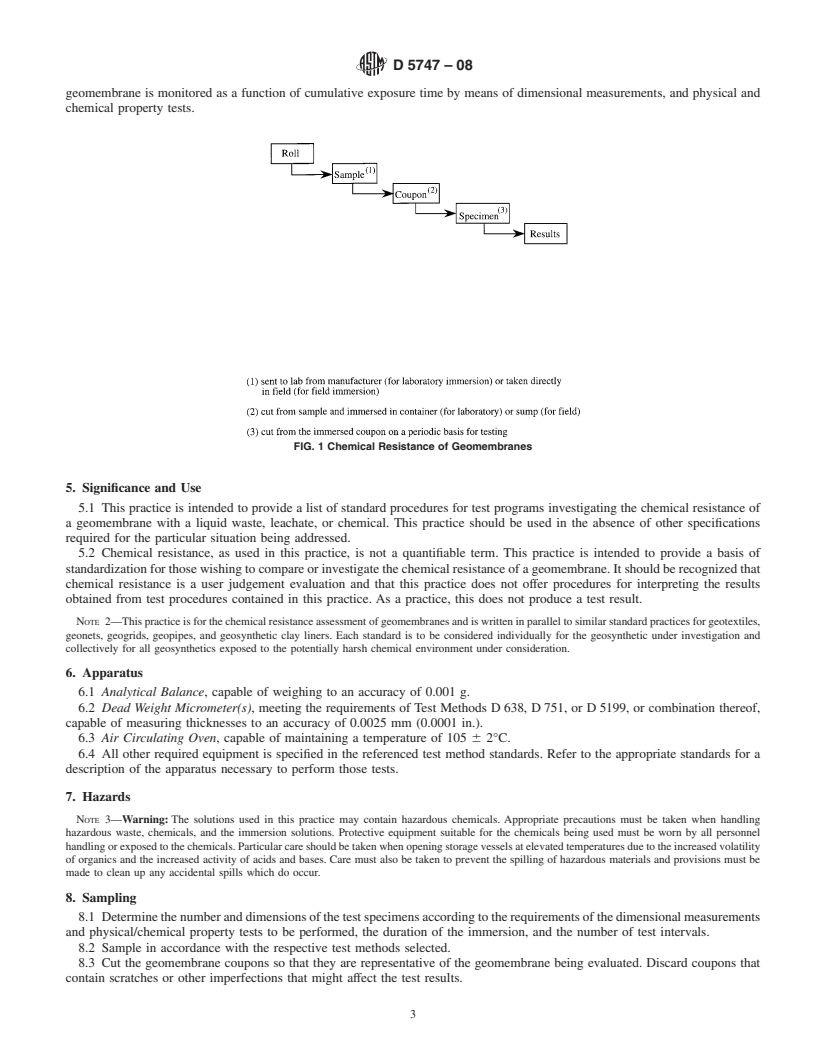 REDLINE ASTM D5747-08 - Standard Practice for Tests to Evaluate the Chemical Resistance of Geomembranes to Liquids