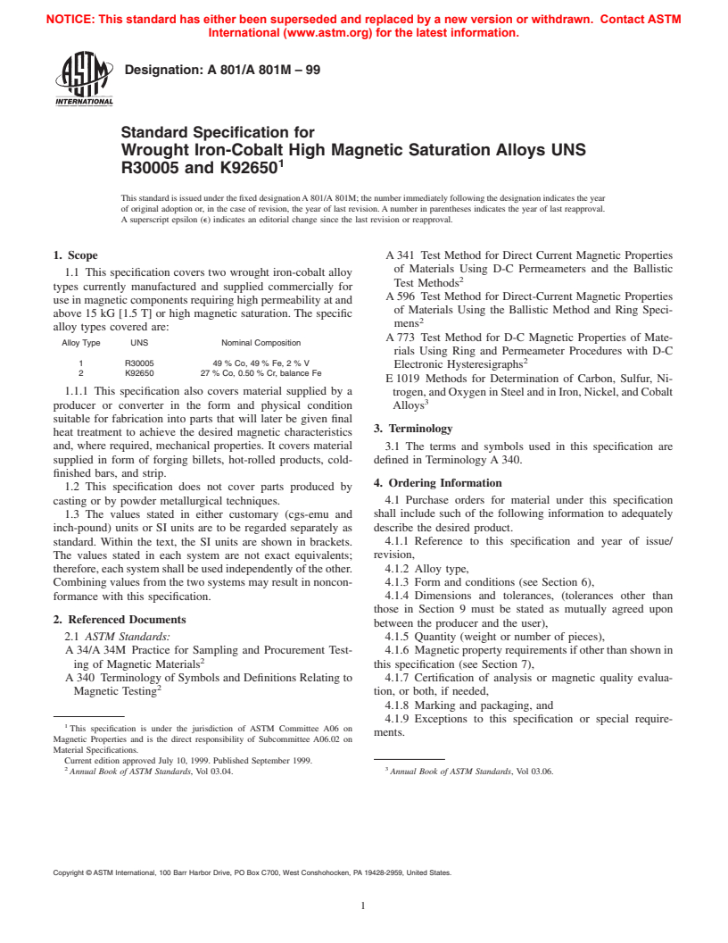ASTM A801/A801M-99 - Standard Specification for Wrought Iron-Cobalt High Magnetic Saturation Alloys UNS R30005 and K92650