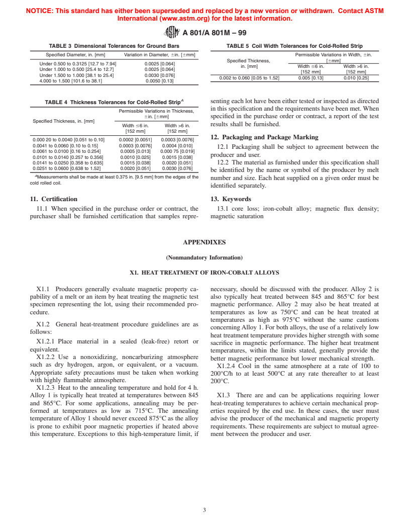 ASTM A801/A801M-99 - Standard Specification for Wrought Iron-Cobalt High Magnetic Saturation Alloys UNS R30005 and K92650