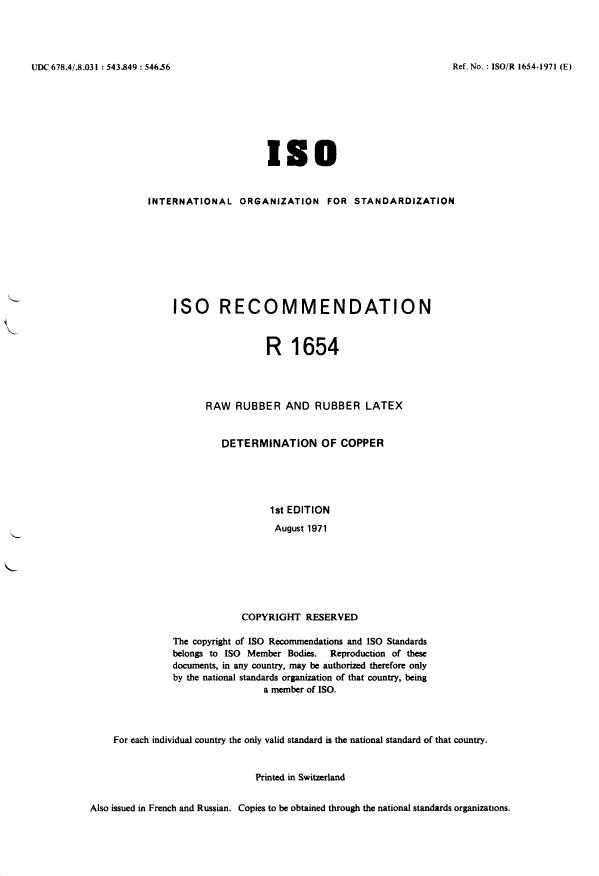 ISO/R 1654:1971 - Raw rubber and rubber latex -- Determination of copper