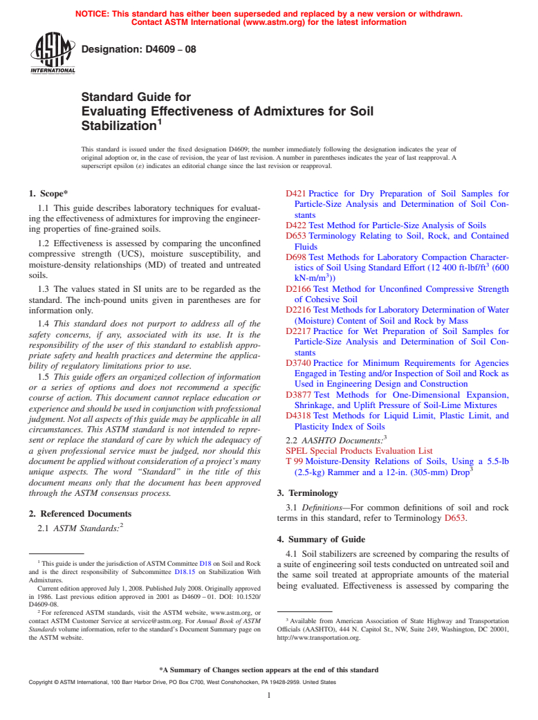 ASTM D4609-08 - Standard Guide for  Evaluating Effectiveness of Admixtures for Soil Stabilization (Withdrawn 2017)