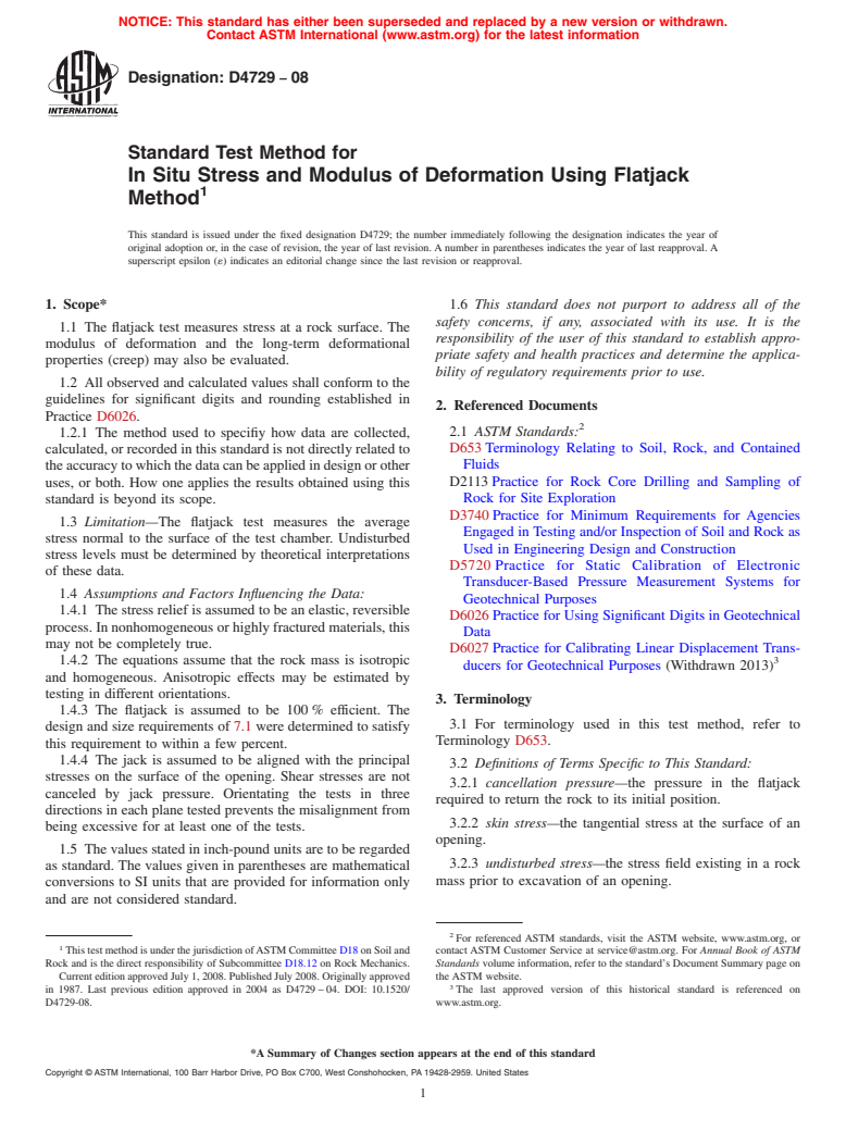 ASTM D4729-08 - Standard Test Method for  In Situ Stress and Modulus of Deformation Using Flatjack Method (Withdrawn 2017)