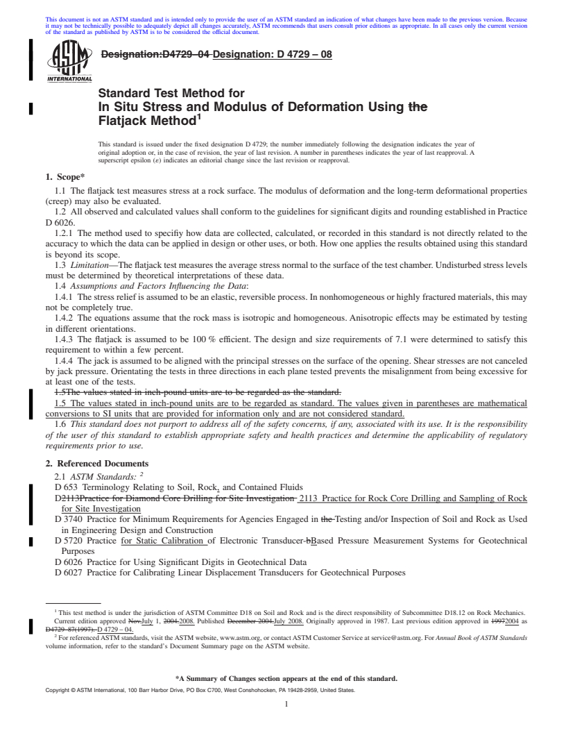 REDLINE ASTM D4729-08 - Standard Test Method for  In Situ Stress and Modulus of Deformation Using Flatjack Method (Withdrawn 2017)