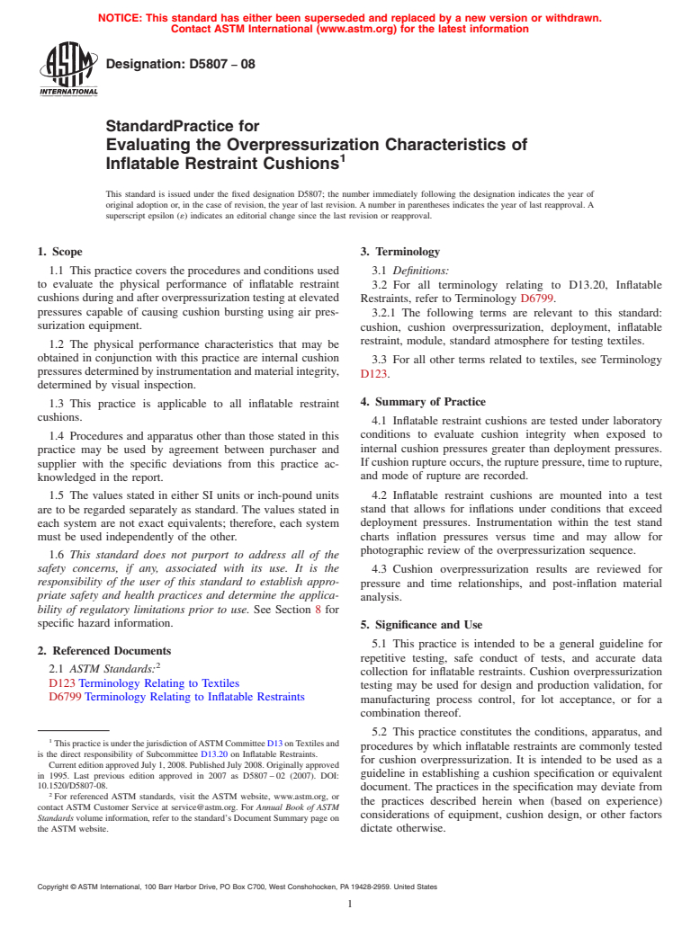 ASTM D5807-08 - Standard Practice for  Evaluating the Overpressurization Characteristics of Inflatable Restraint Cushions