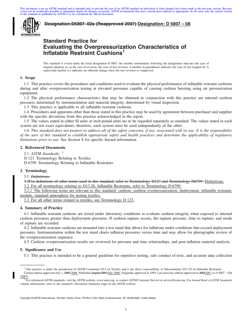 REDLINE ASTM D5807-08 - Standard Practice for  Evaluating the Overpressurization Characteristics of Inflatable Restraint Cushions