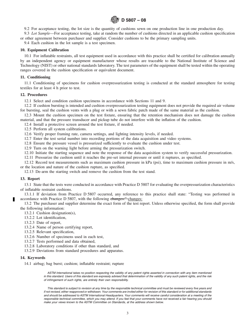 REDLINE ASTM D5807-08 - Standard Practice for  Evaluating the Overpressurization Characteristics of Inflatable Restraint Cushions