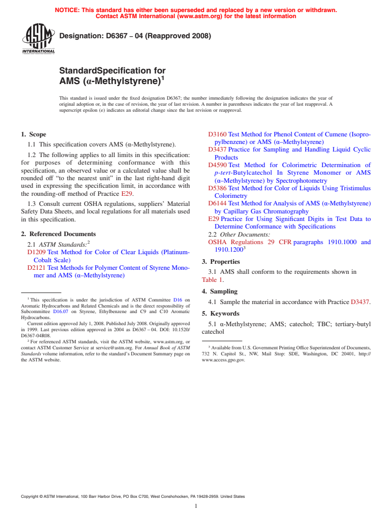 ASTM D6367-04(2008) - Standard Specification for AMS (<span class='unicode'>&#x03B1;</span>-Methylstyrene)