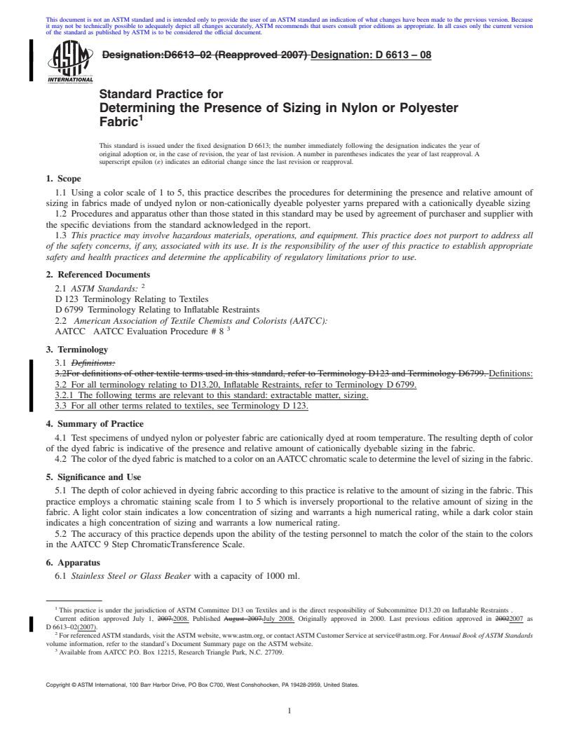 REDLINE ASTM D6613-08 - Standard Practice for Determining the Presence of Sizing in Nylon or Polyester Fabric