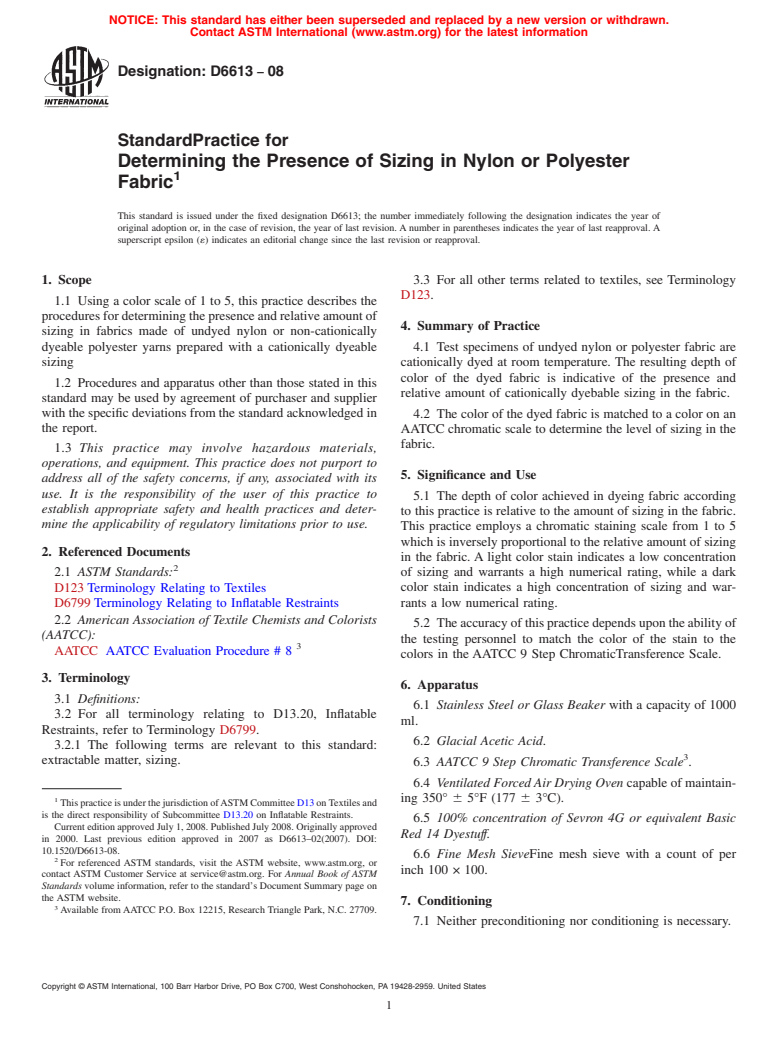 ASTM D6613-08 - Standard Practice for Determining the Presence of Sizing in Nylon or Polyester Fabric