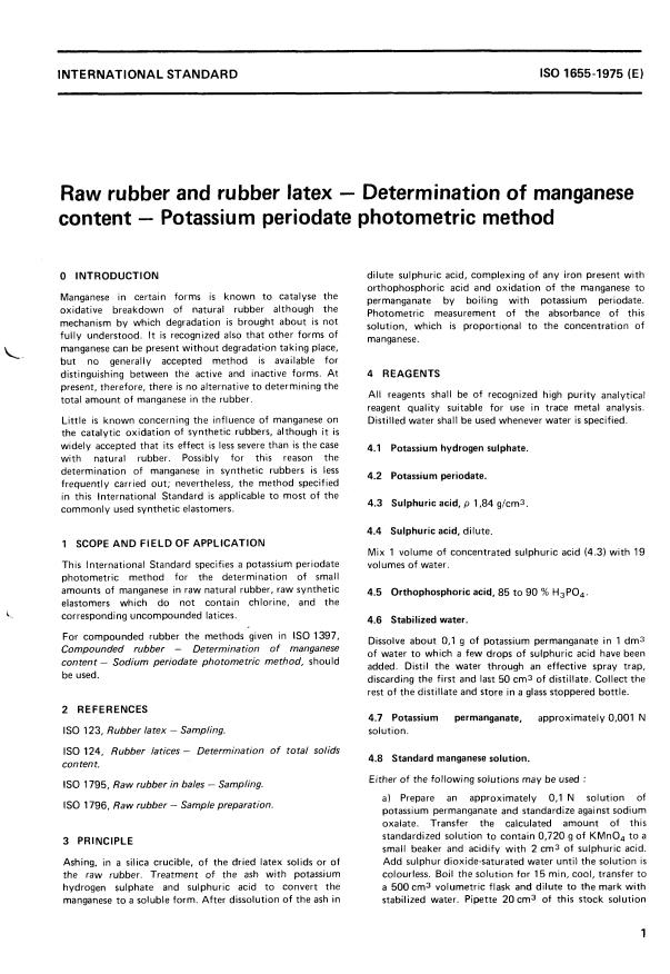 ISO 1655:1975 - Raw rubber and rubber latex -- Determination of manganese content -- Potassium periodate photometric method