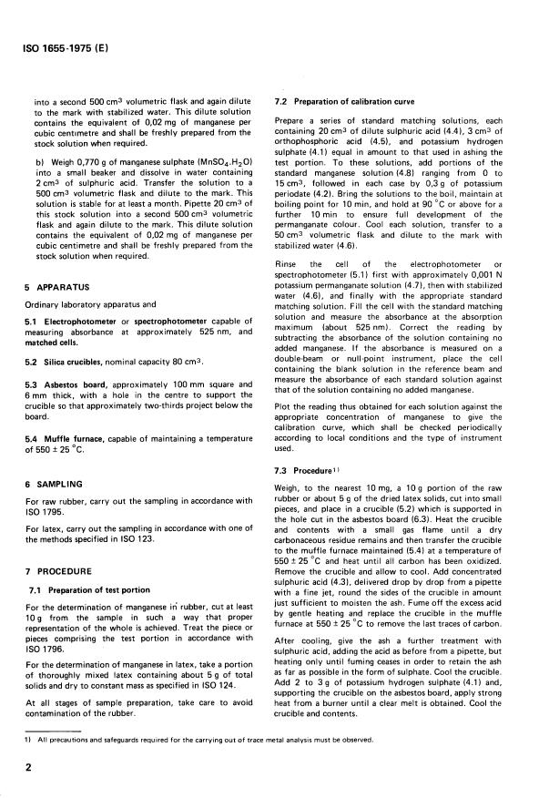 ISO 1655:1975 ISO 1655:1975 - Raw rubber and rubber latex -- Determination of manganese content -- Potassium periodate photometric method - Page 4 preview