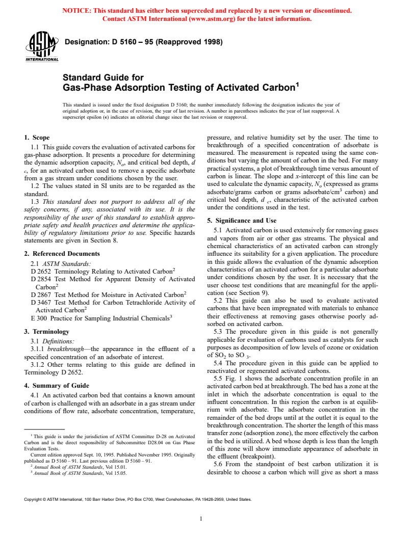 ASTM D5160-95(1998) - Standard Guide for Gas-Phase Adsorption Testing of Activated Carbon