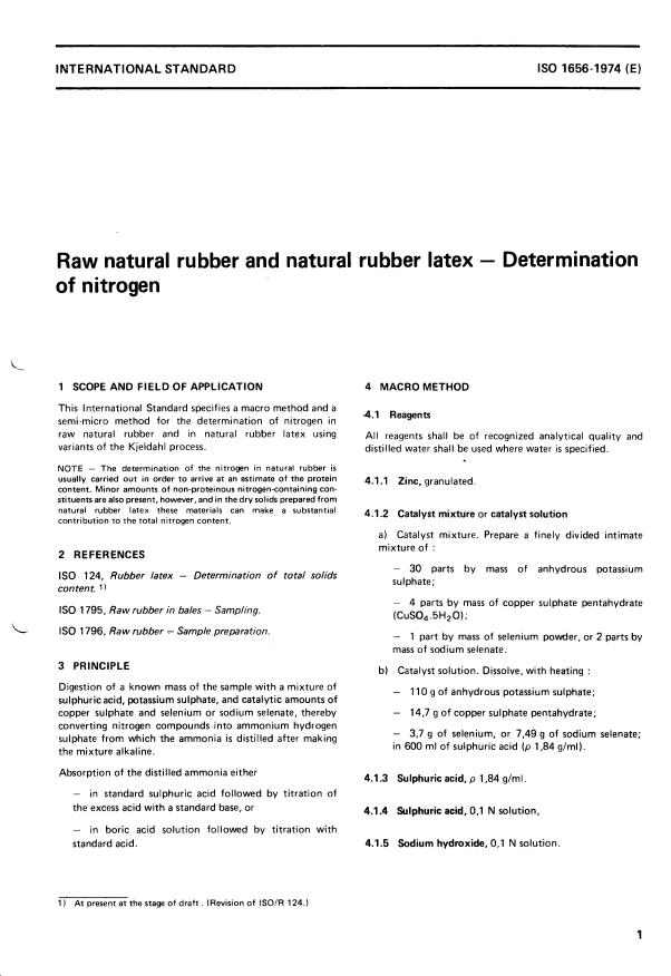 ISO 1656:1974 - Raw natural rubber and natural rubber latex -- Determination of nitrogen