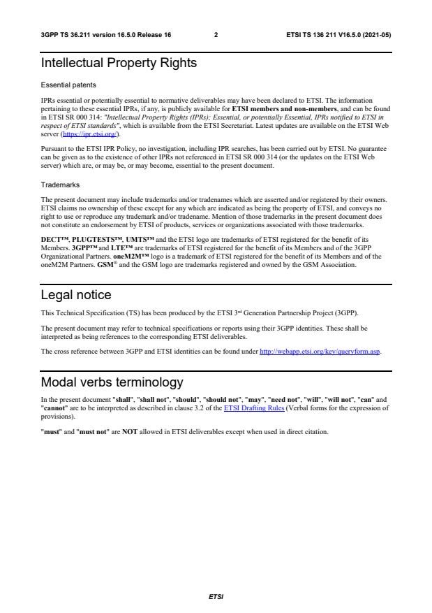 ETSI TS 136 211 V16.5.0 (2021-05) - LTE; Evolved Universal Terrestrial Radio Access (E-UTRA); Physical channels and modulation (3GPP TS 36.211 version 16.5.0 Release 16)