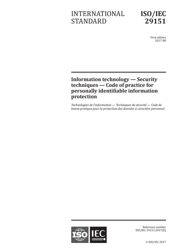 ISO/IEC 29151:2017 - Information technology -- Security techniques -- Code of practice for personally identifiable information protection