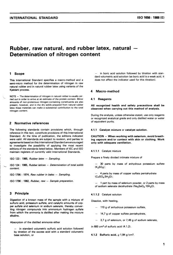 ISO 1656:1988 - Rubber, raw natural, and rubber latex, natural -- Determination of nitrogen content