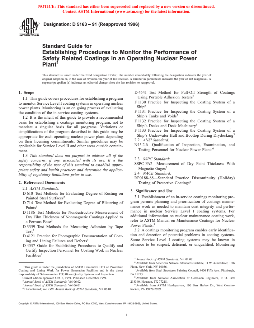 ASTM D5163-91(1996) - Standard Guide for Establishing Procedures to Monitor the Performance of Safety Related Coatings in an Operating Nuclear Power Plant