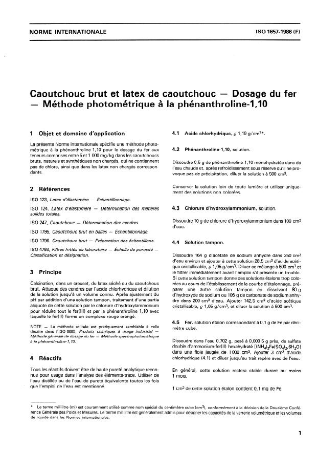 ISO 1657:1986 - Caoutchouc brut et latex de caoutchcouc -- Dosage du fer -- Méthode photométrique a la phénanthroline-1,10
