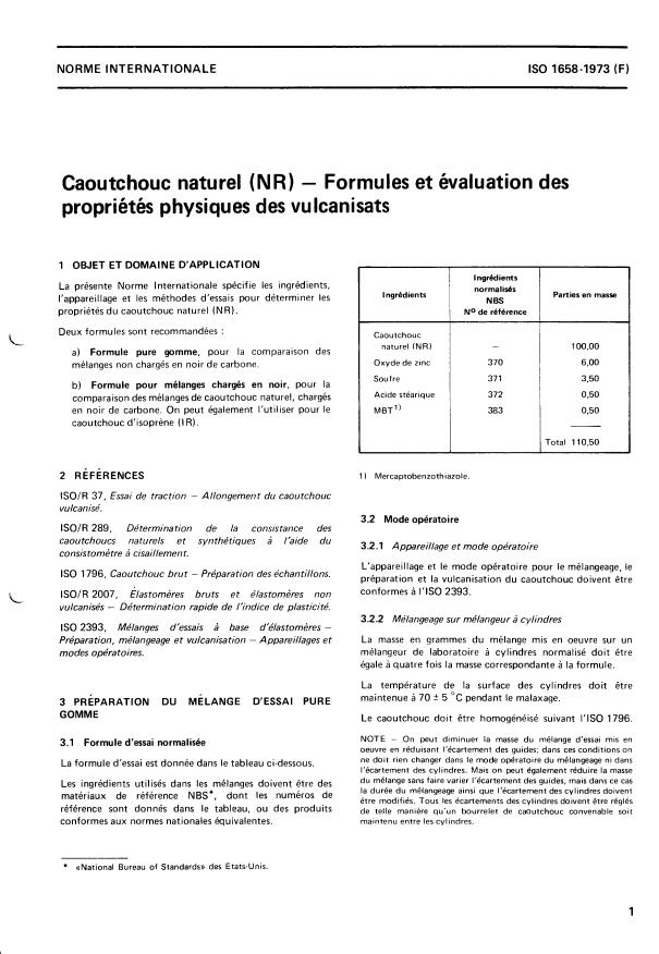 ISO 1658:1973 - Caoutchouc naturel (NR) -- Formules et évaluation des propriétés physiques des vulcanisats