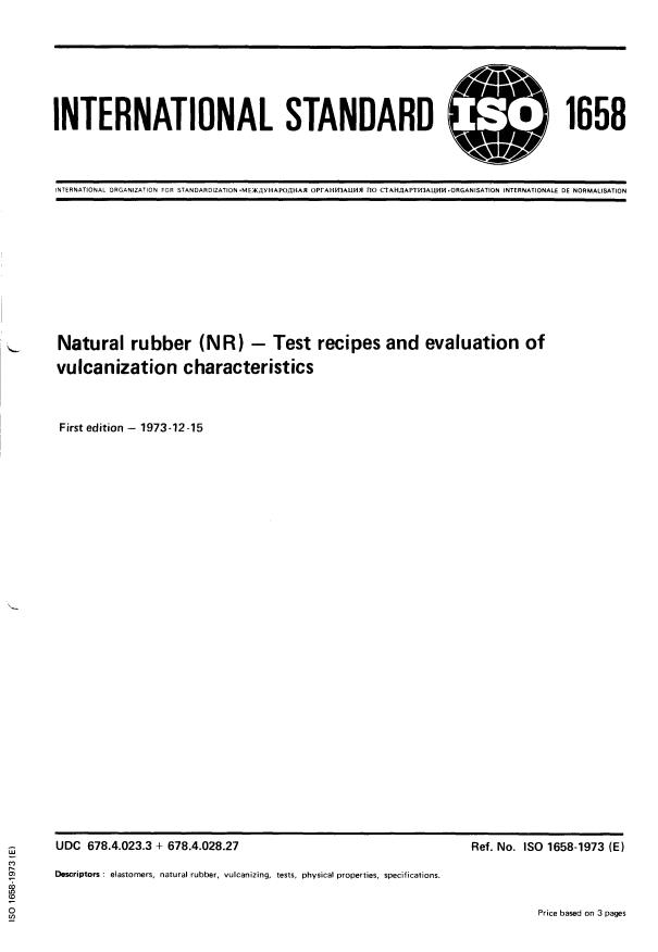 ISO 1658:1973 - Natural rubber (NR) -- Test recipes and evaluation of vulcanization characteristics