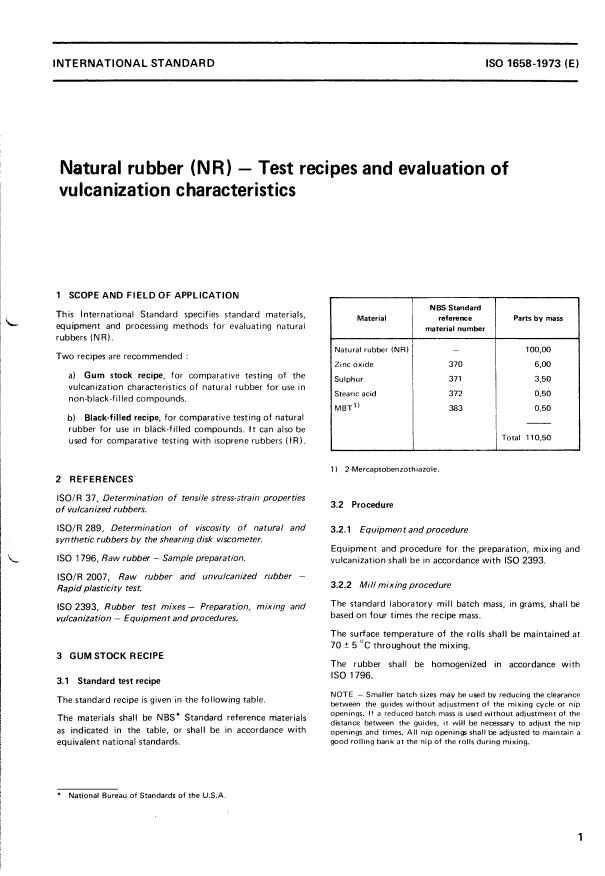 ISO 1658:1973 - Natural rubber (NR) -- Test recipes and evaluation of vulcanization characteristics