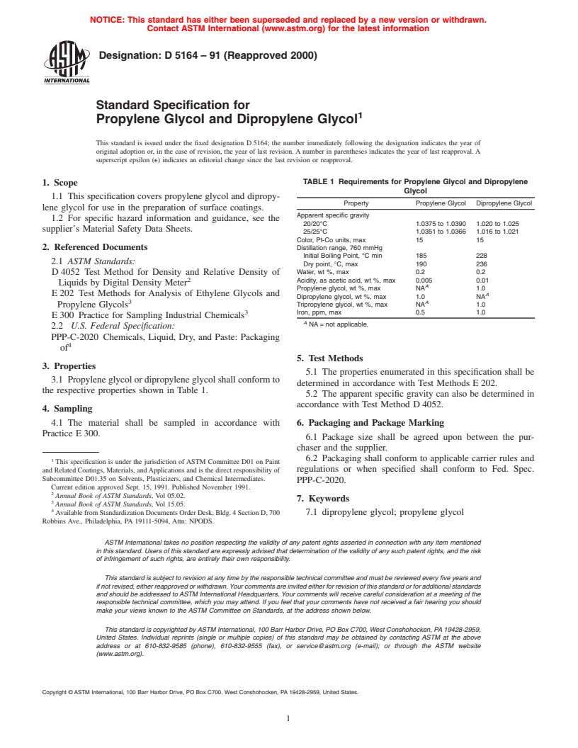 ASTM D5164-91(2000) - Standard Specification for Propylene Glycol and Dipropylene Glycol