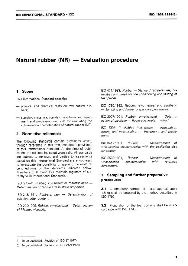 ISO 1658:1994 - Natural rubber (NR) -- Evaluation procedure